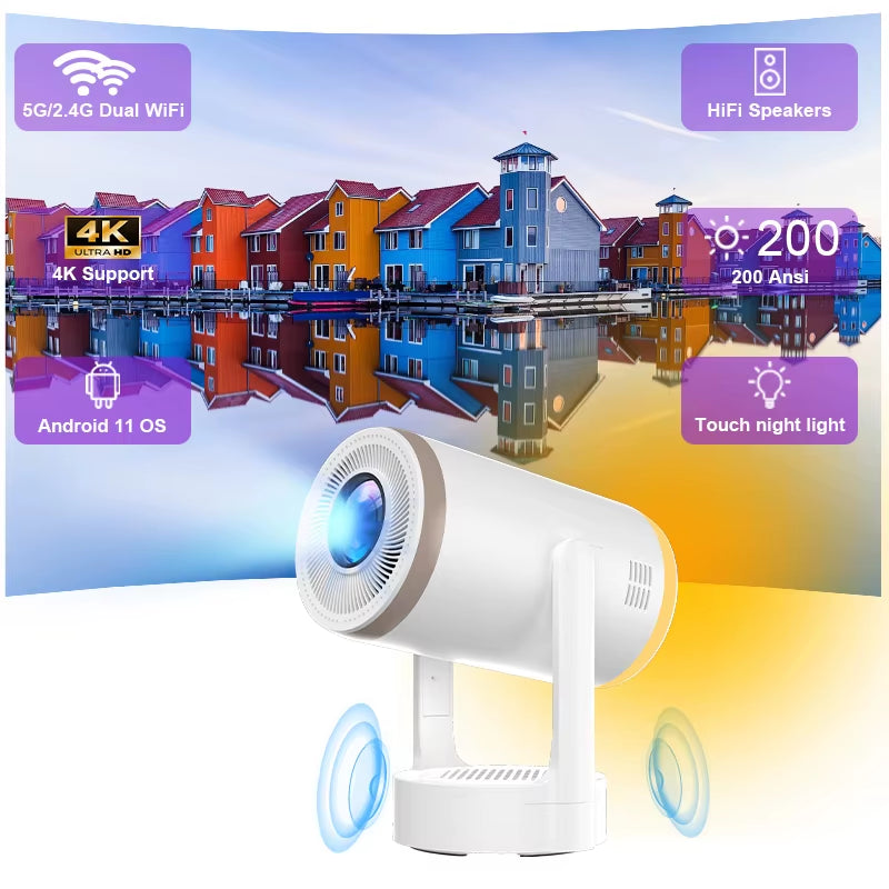 Mini Projector 4K 1080P Andriod 14 Wifi6 BT5.4 Home Cinema Outdoor Portable Projector with Touch Lamp HIFI Speaker