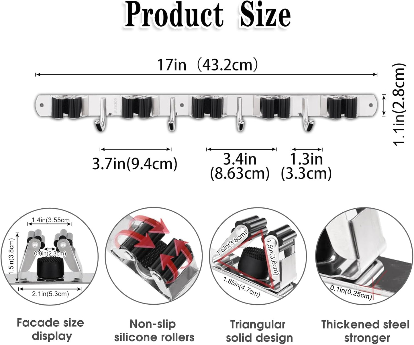 5 Holders+4 Hooks Broom Holder Wall Mounted with Nails Installation, Heavy Duty Stainless Steel Mop Holder, Brush Mop and Broom Storage Self Adhesive